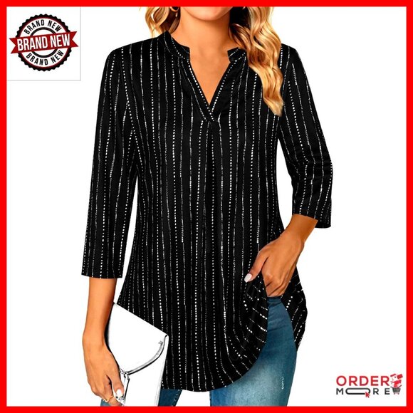 Tops - 3/4 Sleeve V-Neck Chiffon Blouse Work Casual Tunic Top